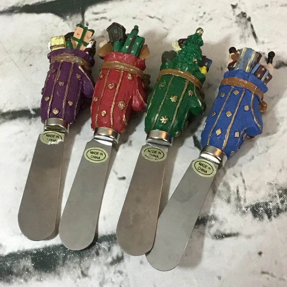 Christmas Cheese Spreader Knives Lot Of 4 Resin Figural Stainless Steel